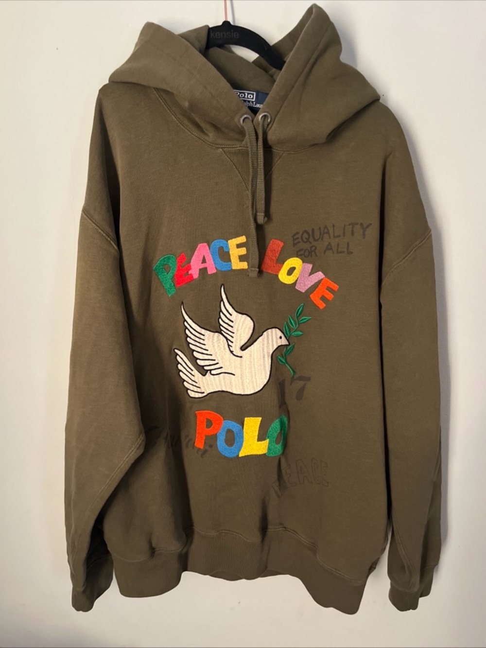 Ralph Lauren Olive Crewneck Hoodie with Colorful Peace Love Polo Dove
